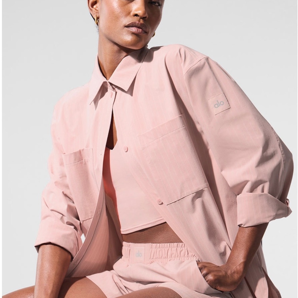 ALO Yoga Pinstripe Daylight Button Down Pink Quartz/Ivory Small